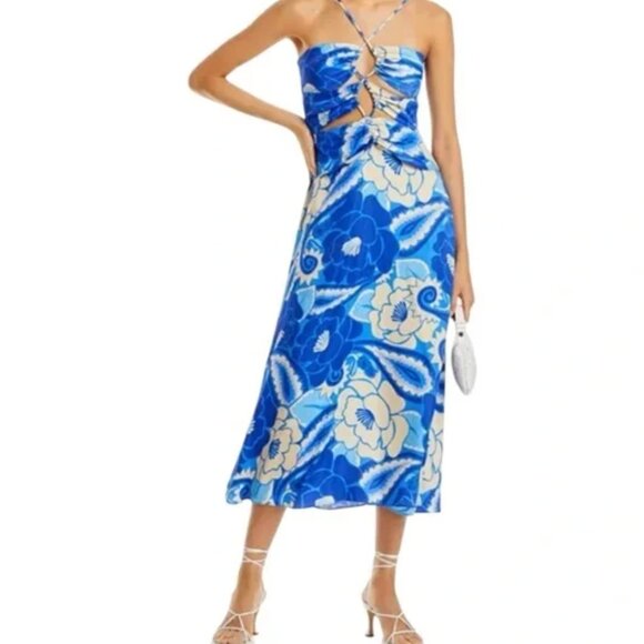 Farm Rio Blue Floral Tropical Groove Cut Out Midi Dress Size Large - Picture 1 of 9